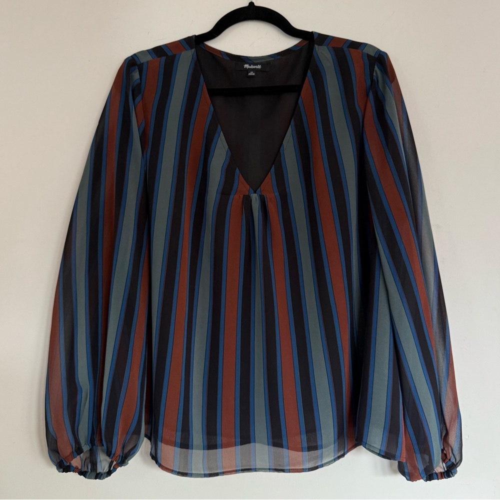 Madewell Women's Size 2X Academy Stripe Retro Blouse Top Sheer Sleeve Modern - Picture 3 of 10